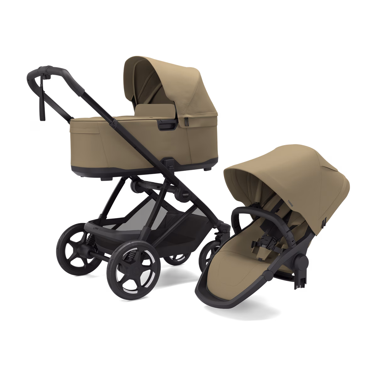 Thule Charm 2 in 1
täissuuruses jalutuskäru ja häll pleekinud kaki